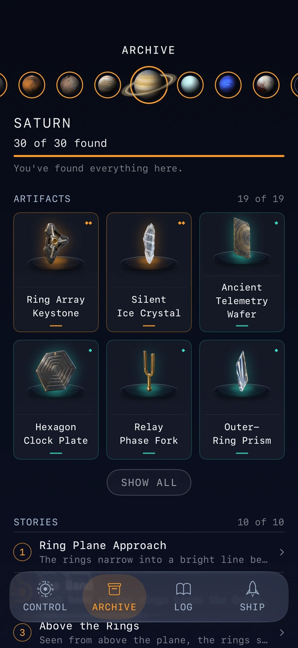 The collection at Saturn: all 30 found, with the artifacts and the story records