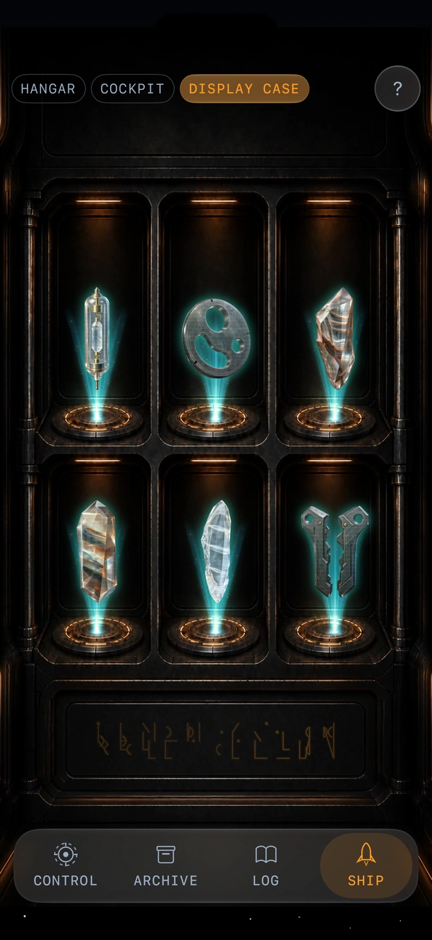 The Display Case in the ship: six findings lit on their stands