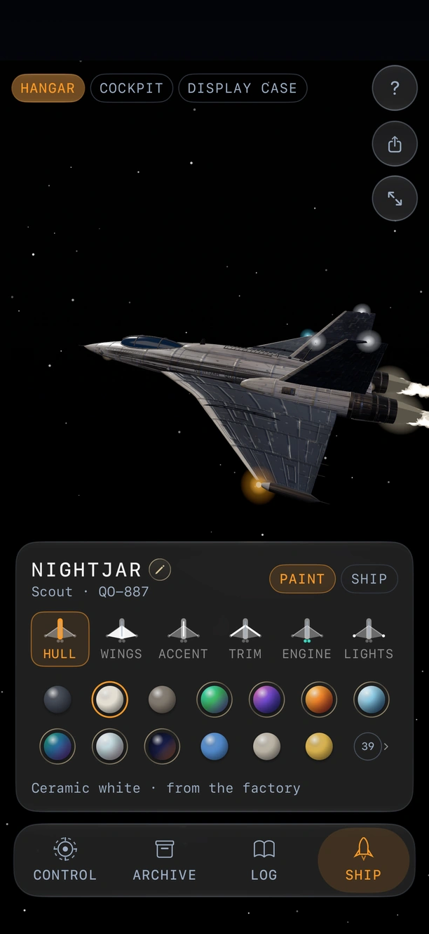 The Hangar: a ship called Nightjar over the paint row, with the hull, wings, accent, trim, engine and lights to choose