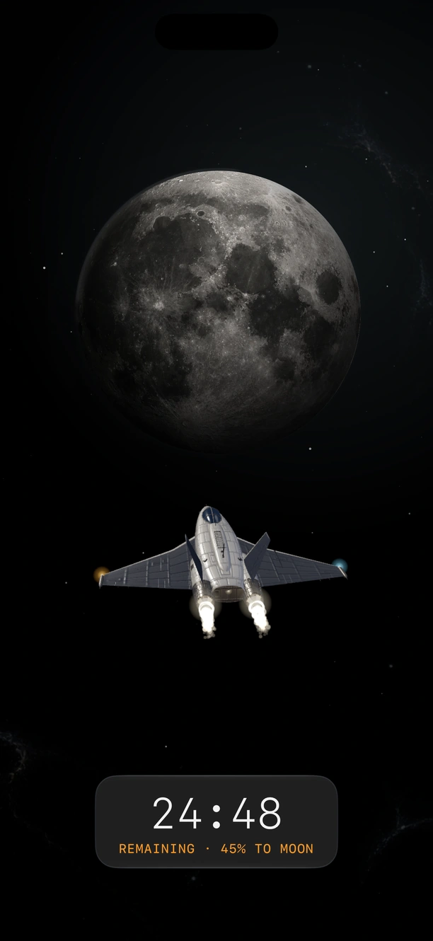 Your ship seen from outside on its way to the Moon, 24:48 remaining and 45 percent of the way there
