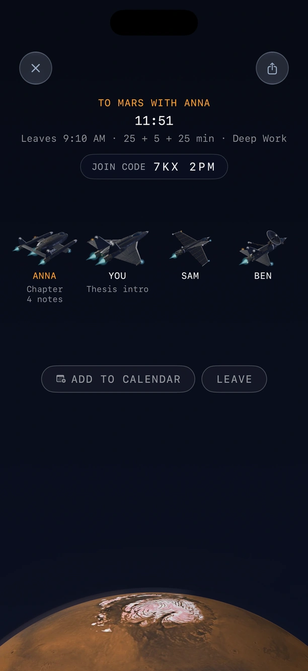 Boarding a session to Mars with Anna: eleven minutes to departure, a join code and four ships in a row named Anna, You, Sam and Ben