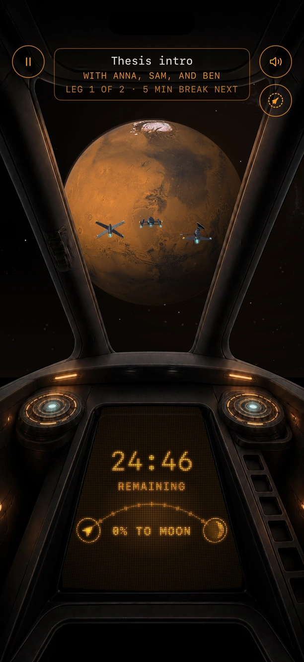 Flying together: the crew's ships beside yours in the cockpit window, Mars ahead and 24:46 remaining