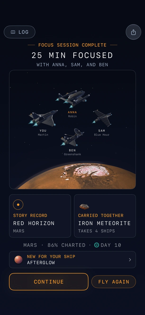 A finished session with Anna, Sam and Ben: 25 minutes focused, the crew's four ships over Mars, and the story record and carried object the session brought back
