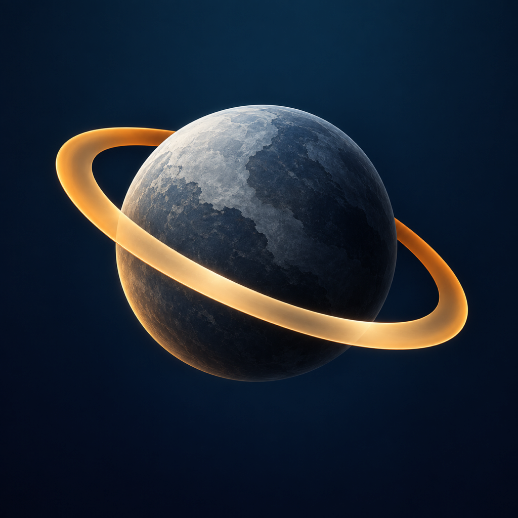 The Quiet Orbit app icon: a grey planet with a glowing amber ring