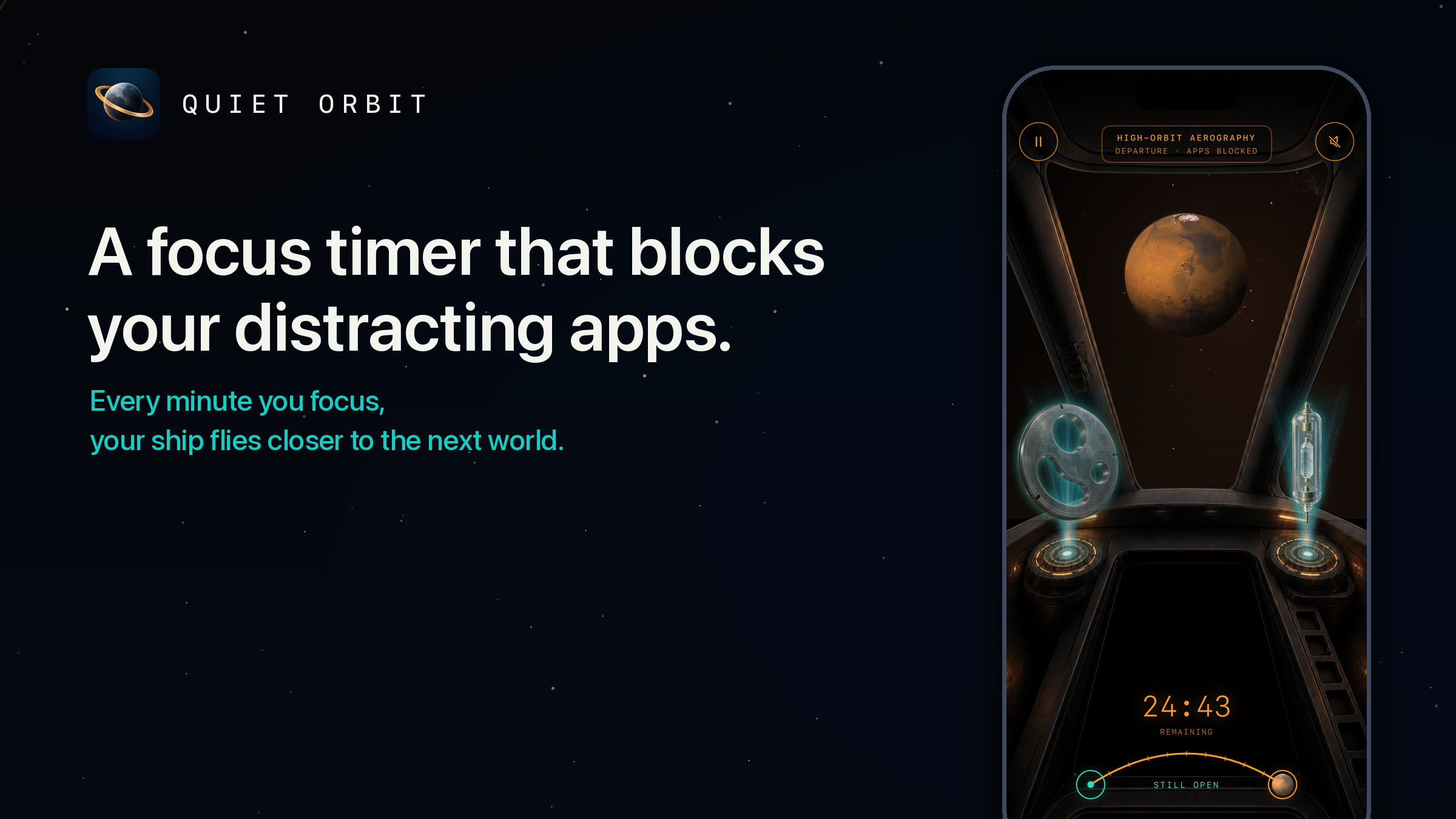The Quiet Orbit icon and name, the line A focus timer that blocks your distracting apps, and an iPhone showing the ship's window with Mars ahead and 24:43 remaining