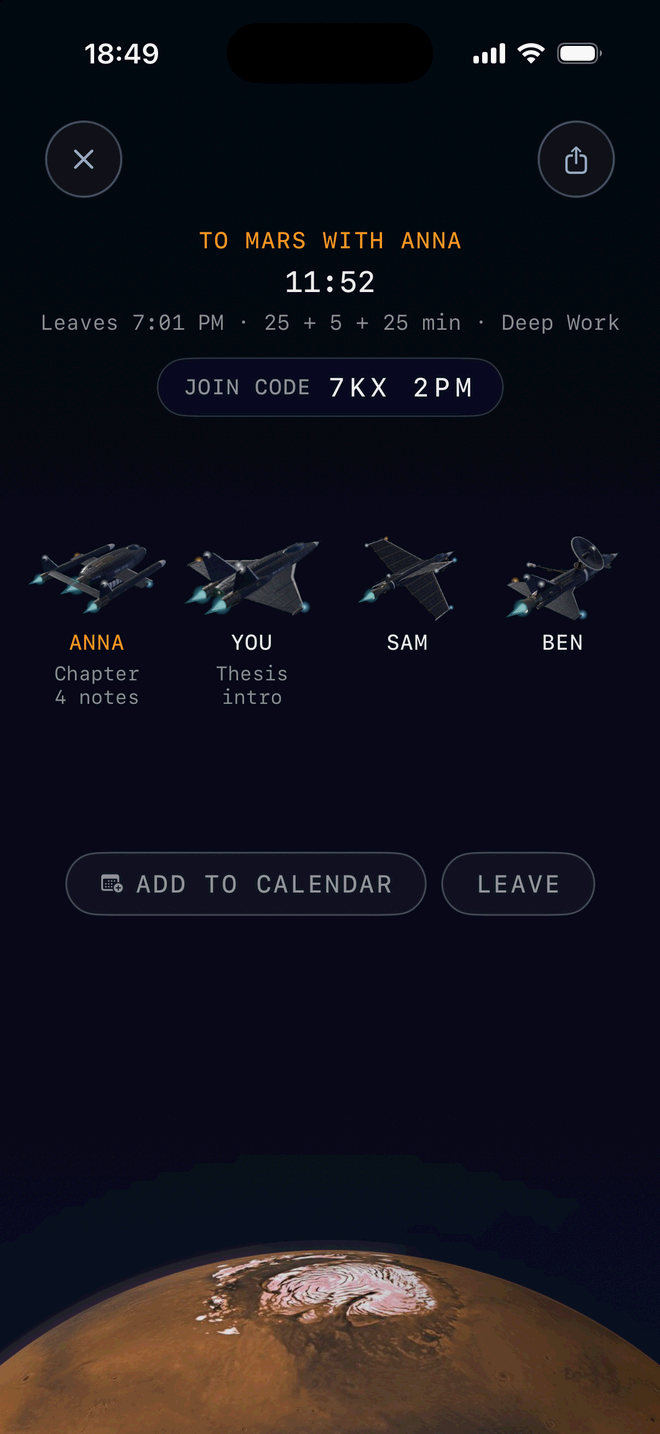 Boarding a session to Mars with Anna: 11:52 until departure at 7:01 PM, 25 plus 5 plus 25 minutes of Deep Work, join code 7KX 2PM, and four ships in a row named Anna, You, Sam and Ben