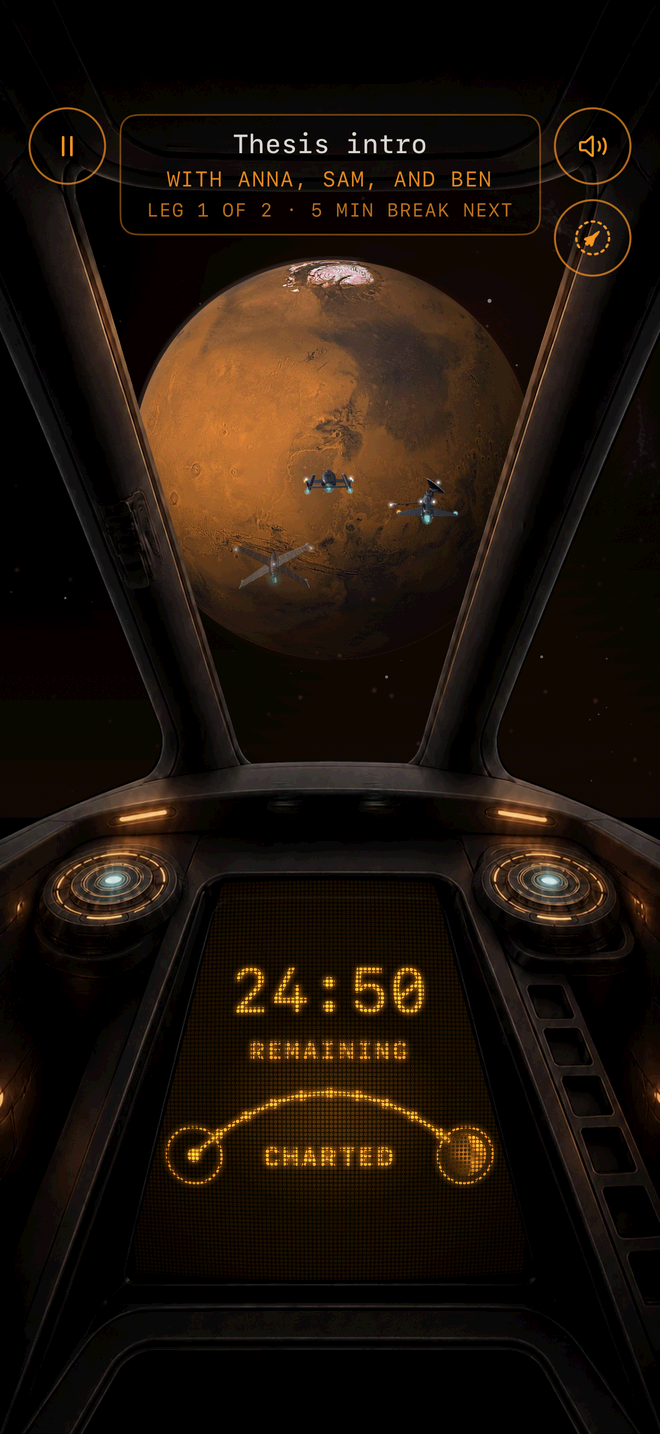 The ship's window during a session with Anna, Sam and Ben: their three ships fly ahead in front of Mars, and the console reads 24:50 remaining