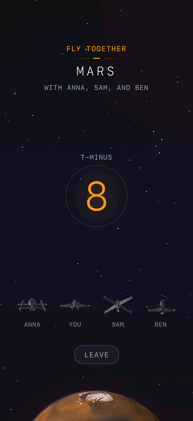 Fly together to Mars with Anna, Sam and Ben: a countdown at 8, with the four ships' engines lit above Mars